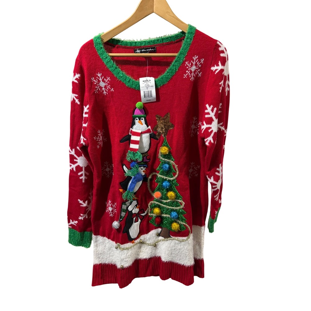 United States Sweaters Womens XL Red Penguin Christmas Tree Tunic Sweater NWT